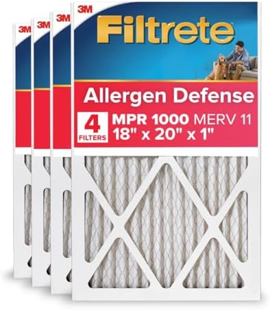 Filtrete 18x20x1 AC Furnace Air Filter, MERV 11, MPR 1000, Micro Allergen Defense, 3-Month Pleated 1-Inch Electrostatic Air Cleaning Filter, 4 Pack (Actual Size 17.81 x 19.81 x 0.81 in) - Replacement Furnace Filters -