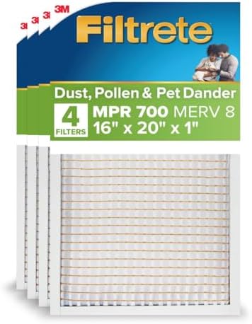 Filtrete 16x20x1 AC Furnace Air Filter, MERV 8, MPR 700, Tough on Pollen, Easy on Airflow, 3-Month Pleated 1-Inch Electrostatic Air Cleaning Filter, 4-Pack (Actual Size 15.688 x 19.688 x 0.78 in) : Automotive