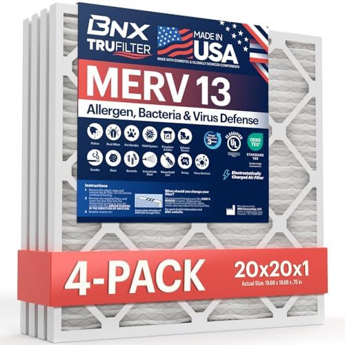 BNX TruFilter 20x20x1 MERV 13 (4-Pack) AC Furnace Air Filter - MADE IN USA - Electrostatic Pleated Air Conditioner HVAC AC Furnace Filters - Removes Pollen, Mold, Bacteria, Smoke -