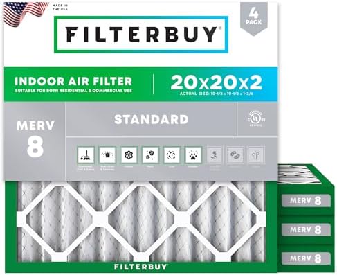 Filterbuy 20x20x2 Air Filter MERV 8 Essential Dust & Allergy Defense (4-Pack), Electrostatic Pleated HVAC AC Furnace Filters Replacement (Actual Size 19.50 x 19.50 x 1.75) - Replacement Furnace Filters -
