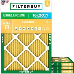 Filterbuy 16x20x1 Air Filter MERV 11 Superior Pet & Allergy Defense (4-Pack), Electrostatic Pleated HVAC AC Furnace Filters Replacement (Actual Size 15.50 x 19.50 x 0.75) - Replacement Furnace Filters -