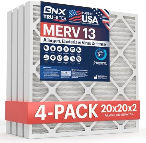 BNX TruFilter 20x20x2 Air Filter MERV 13 (4-Pack) - MADE IN USA - Electrostatic Pleated Air Conditioner HVAC AC Furnace Filters for Allergies, Pollen, Mold, Bacteria, Smoke, Allergen, MPR 1900 FPR 10 -