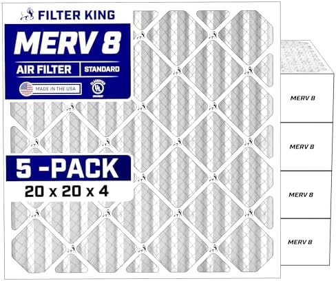 Filter King 20x20x4 Air Filter (MERV 8) (5-Pack) Dust & Allergy Control AC Furnace Filters, MADE IN USA, HVAC, Pleated, Electrostatic (Actual Size 19.5 x 19.5 x 3.75) -