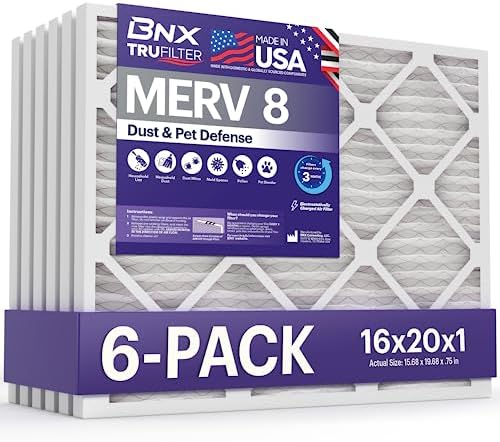 BNX TruFilter 16x20x1 Air Filter MERV 8 (6-Pack) - MADE IN USA – Dust & Pet Defense Electrostatic Pleated Air Conditioner HVAC AC Furnace Filters for Dust, Pet, Mold, Pollen MPR 600 – 700 & FPR 5 -