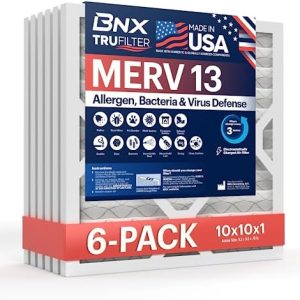 BNX TruFilter 10x10x1 Air Filter MERV 13 (6-Pack) - MADE IN USA - Electrostatic Pleated Air Conditioner HVAC AC Furnace Filters for Allergies, Pollen, Mold, Bacteria, Smoke, Allergen, MPR 1900 FPR 10 -