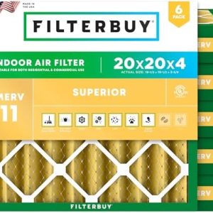 Filterbuy 20x20x4 Air Filter MERV 11 Superior Pet & Allergy Defense (6-Pack), Electrostatic Pleated HVAC AC Furnace Filters Replacement (Actual Size 19.50 x 19.50 x 3.63) - Replacement Furnace Filters -