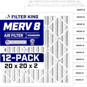 Filter King 20x20x2 Air Filter (MERV 8) (12-Pack) Dust & Allergy Control AC Furnace Filters, MADE IN USA, HVAC, Pleated, Electrostatic (Actual Size 19.5 x 19.5 x 1.75) -