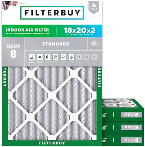 Filterbuy 18x20x2 Air Filter MERV 8 Essential Dust & Allergy Defense (4-Pack), Electrostatic Pleated HVAC AC Furnace Filters Replacement (Actual Size 17.50 x 19.50 x 1.75) - Replacement Furnace Filters -