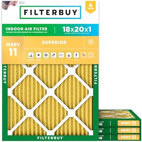 Filterbuy 18x20x1 Air Filter MERV 11 Superior Pet & Allergy Defense (4-Pack), Electrostatic Pleated HVAC AC Furnace Filters Replacement (Actual Size 17.50 x 19.50 x 0.75) - Replacement Furnace Filters -