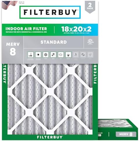 Filterbuy 18x20x2 Air Filter MERV 8 Essential Dust & Allergy Defense (2-Pack), Electrostatic Pleated HVAC AC Furnace Filters Replacement (Actual Size 17.50 x 19.50 x 1.75) -